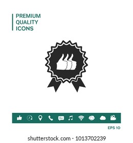 Three symbols Thumb Up Gesture - label with ribbons. Thumb up icon - the highest score, the best choice, the highest rating
