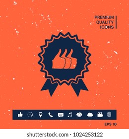 Three symbols Thumb Up Gesture - label with ribbons. Thumb up icon - the highest score, the best choice, the highest rating