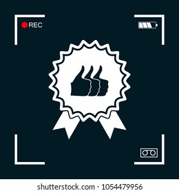 Three symbols Thumb Up Gesture - label with ribbons. Thumb up icon - the highest score, the best choice, the highest rating