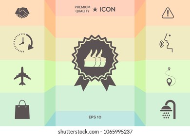 Three symbols Thumb Up Gesture - label with ribbons. Thumb up icon - the highest score, the best choice, the highest rating