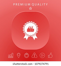 Three symbols Thumb Up Gesture - label with ribbons. Thumb up icon - the highest score, the best choice, the highest rating