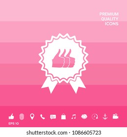 Three symbols Thumb Up Gesture - label with ribbons. Thumb up icon - the highest score, the best choice, the highest rating