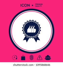 Three symbols Thumb Up Gesture - label with ribbons. Thumb up icon - the highest score, the best choice, the highest rating