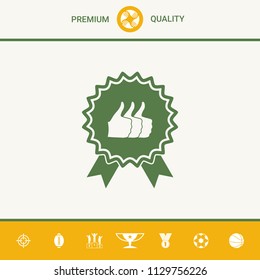 Three symbols Thumb Up Gesture - label with ribbons. Thumb up icon - the highest score, the best choice, the highest rating