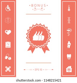 Three symbols Thumb Up Gesture - label with ribbons. Thumb up icon - the highest score, the best choice, the highest rating