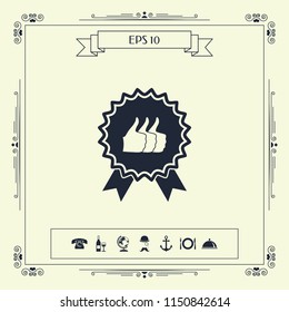 Three symbols Thumb Up Gesture - label with ribbons. Thumb up icon - the highest score, the best choice, the highest rating