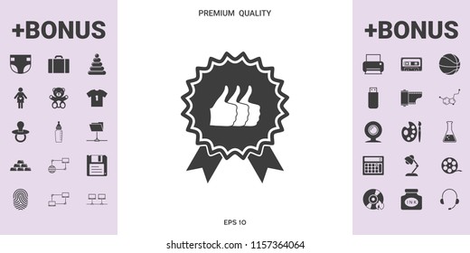 Three symbols Thumb Up Gesture - label with ribbons. Thumb up icon - the highest score, the best choice, the highest rating