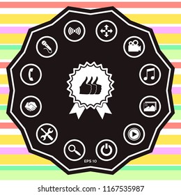 Three symbols Thumb Up Gesture - label with ribbons. Thumb up icon - the highest score, the best choice, the highest rating