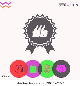 Three symbols Thumb Up Gesture - label with ribbons. Thumb up icon - the highest score, the best choice, the highest rating