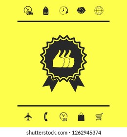 Three symbols Thumb Up Gesture - label with ribbons. The highest rating