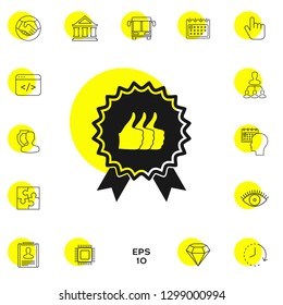 Three symbols Thumb Up Gesture - label with ribbons. The highest rating