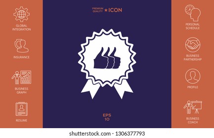Three symbols Thumb Up Gesture - label with ribbons. The highest rating