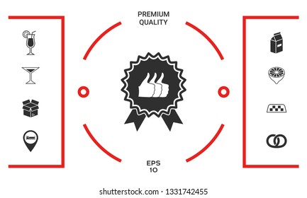 Three symbols Thumb Up Gesture - label with ribbons. The highest rating