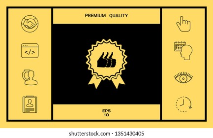 Three symbols Thumb Up Gesture - label with ribbons. The highest rating