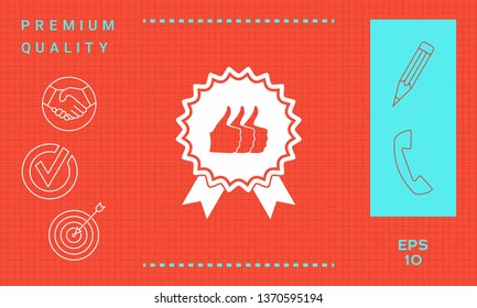 Three symbols Thumb Up Gesture - label with ribbons. The highest rating