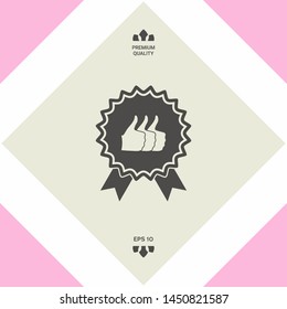 Three symbols Thumb Up Gesture - label with ribbons. The highest rating