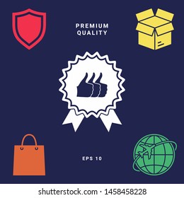 Three symbols Thumb Up Gesture - label with ribbons. The highest rating