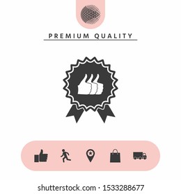 Three symbols Thumb Up Gesture - label with ribbons. The highest rating