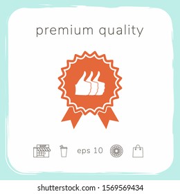 Three symbols Thumb Up Gesture - label with ribbons. The highest rating