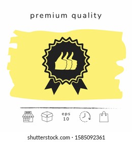 Three symbols Thumb Up Gesture - label with ribbons. The highest rating