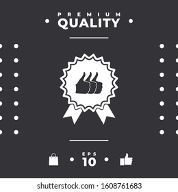 Three symbols Thumb Up Gesture - label with ribbons. The highest rating