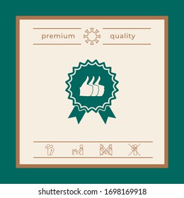 Three symbols Thumb Up Gesture - label with ribbons. The highest rating