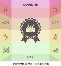 Three symbols Thumb Up Gesture - label with ribbons. The highest rating