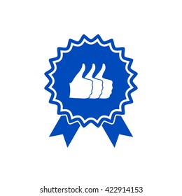 Three symbols Thumb Up Gesture - label with ribbons. Thumb up icon - the highest score, the best choice, the highest rating.