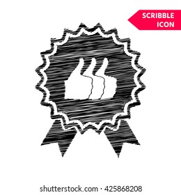 Three symbols Thumb Up Gesture - label with ribbons. Thumb up icon - the highest score, the best choice, the highest rating. Scribble icon for you design.