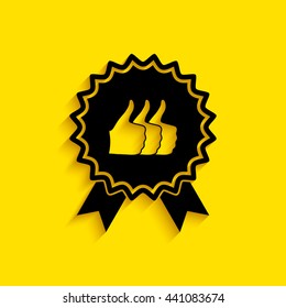 Three symbols Thumb Up Gesture - label with ribbons. Thumb up icon - the highest score, the best choice, the highest rating.