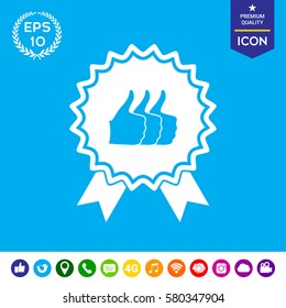 Three symbols Thumb Up Gesture - label with ribbons. Thumb up icon - the highest score, the best choice, the highest rating