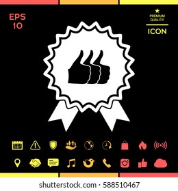 Three symbols Thumb Up Gesture - label with ribbons. Thumb up icon - the highest score, the best choice, the highest rating