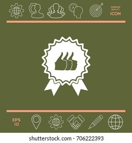 Three symbols Thumb Up Gesture - label with ribbons. Thumb up icon - the highest score, the best choice, the highest rating