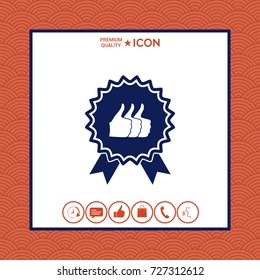 Three symbols Thumb Up Gesture - label with ribbons. Thumb up icon - the highest score, the best choice, the highest rating