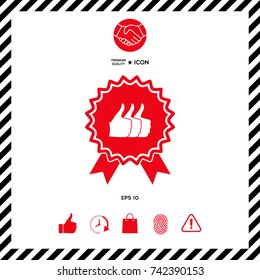 Three symbols Thumb Up Gesture - label with ribbons. Thumb up icon - the highest score, the best choice, the highest rating