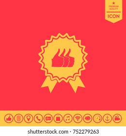 Three symbols Thumb Up Gesture - label with ribbons. Thumb up icon - the highest score, the best choice, the highest rating
