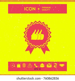 Three symbols Thumb Up Gesture - label with ribbons. Thumb up icon - the highest score, the best choice, the highest rating