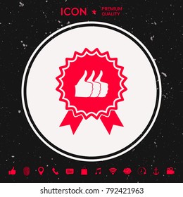 Three symbols Thumb Up Gesture - label with ribbons. Thumb up icon - the highest score, the best choice, the highest rating