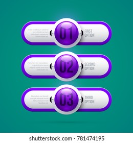 Three symmetric numbered options in glossy style on green background