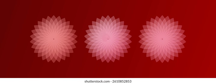 Three symmetrical pink geometric flower shapes arranged in a row on a red gradient background. Abstract digital artwork with a soft, radial design that creates a calming and harmonious visual effect. 