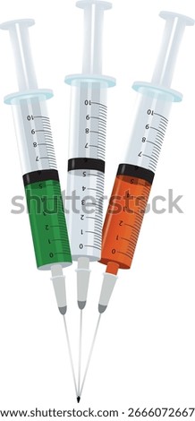 Three syringes filled with green, transparent, and orange liquids are arranged with their needles touching, creating a triangular composition against a white background