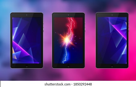 Three Tablet black color with abstract neon geometric and lightning bolt touch screen and flare isolated on abstract blurred background. Realistic and detailed device. Stock vector illustration.