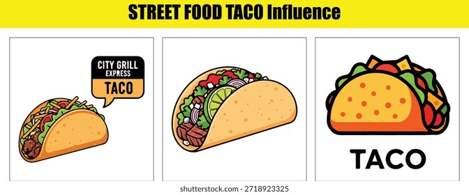 Três tacos com diferentes recheios e rótulos de texto Palavras-chave: taco, comida de rua, mexicano, comida