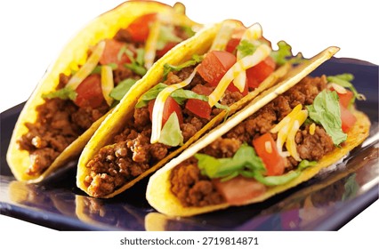 Três tacos cheios de alface bovina moída e tomates isolados em um fundo transparente