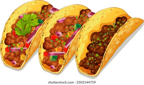 Three tacos filled with meat and vegetables