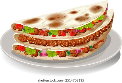 Three tacos filled with meat and vegetables