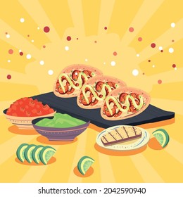 three tacos and ingredients food
