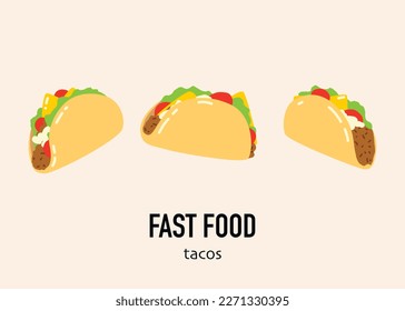 Three tacos on a pink background with the words fast food on it