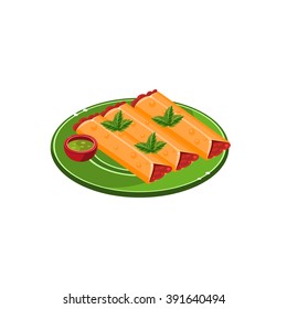 Three Tacos On Plate  Traditional Mexican Cuisine Sample Vector Drawing In Realistic Cartoon Style Isolated On White Background