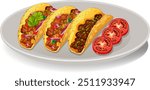 Three tacos with sliced tomatoes on a plate
